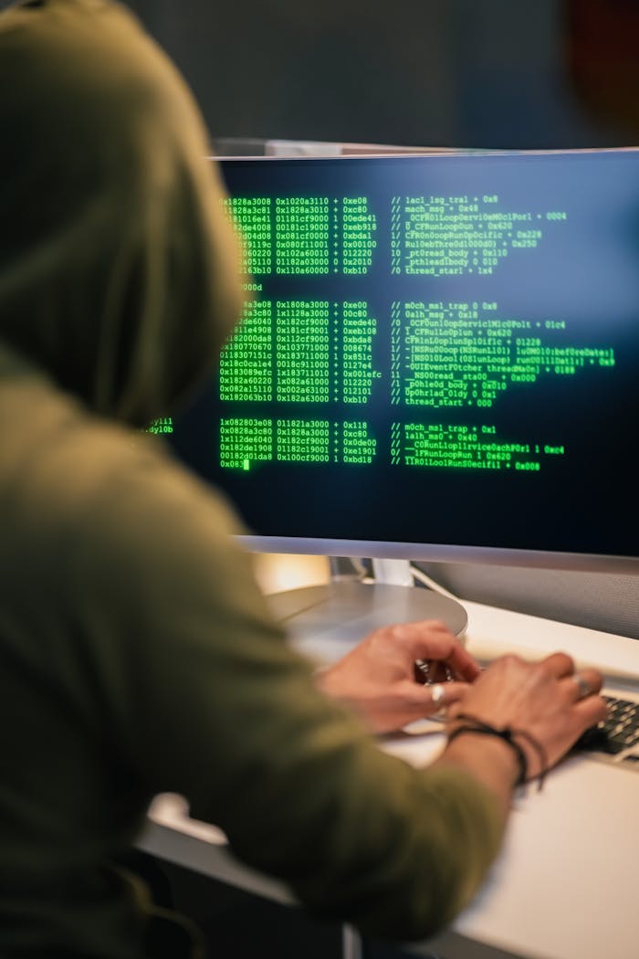 Person wearing a hoodie typing code on a computer screen with green text, depicting hacking scene.